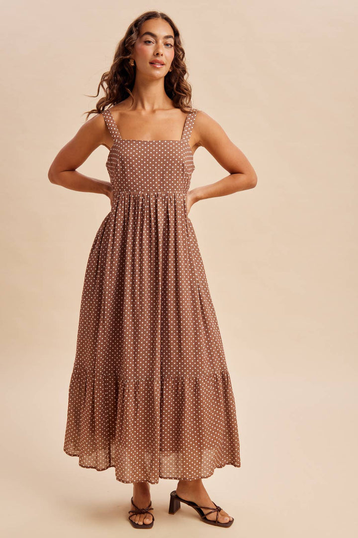 Polka Dot Bow Maxi Dress in Latte