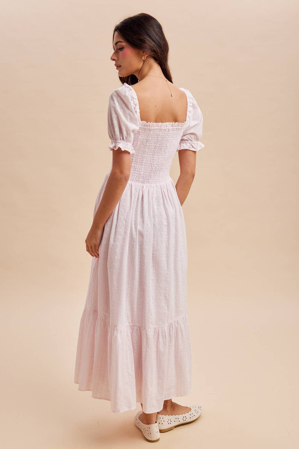 Pink smocked eyelet maxi dress – back view