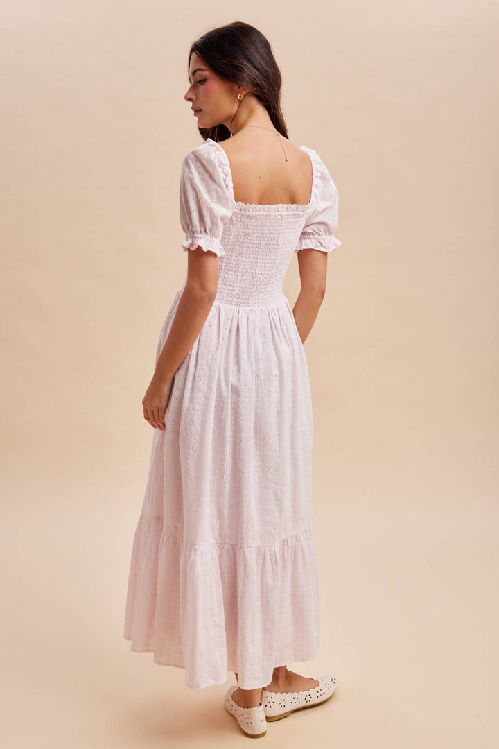 Pink smocked eyelet maxi dress – back view