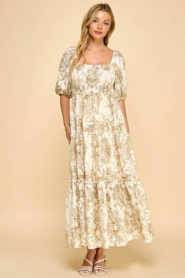 Hattie brown vintage print tiered maxi dress – front/side/back view