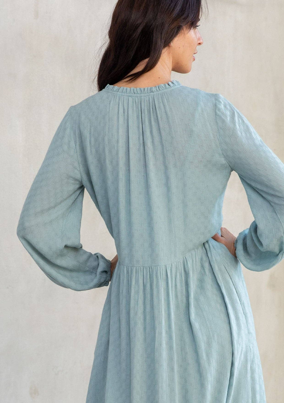 Dusty teal boho long sleeve maxi dress – back view