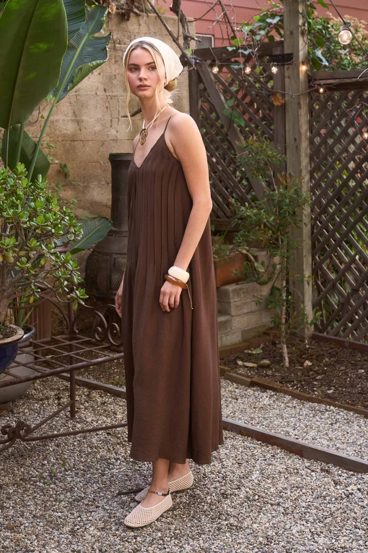 Pleated Pintuck Spaghetti Strap Maxi Dress in Brown