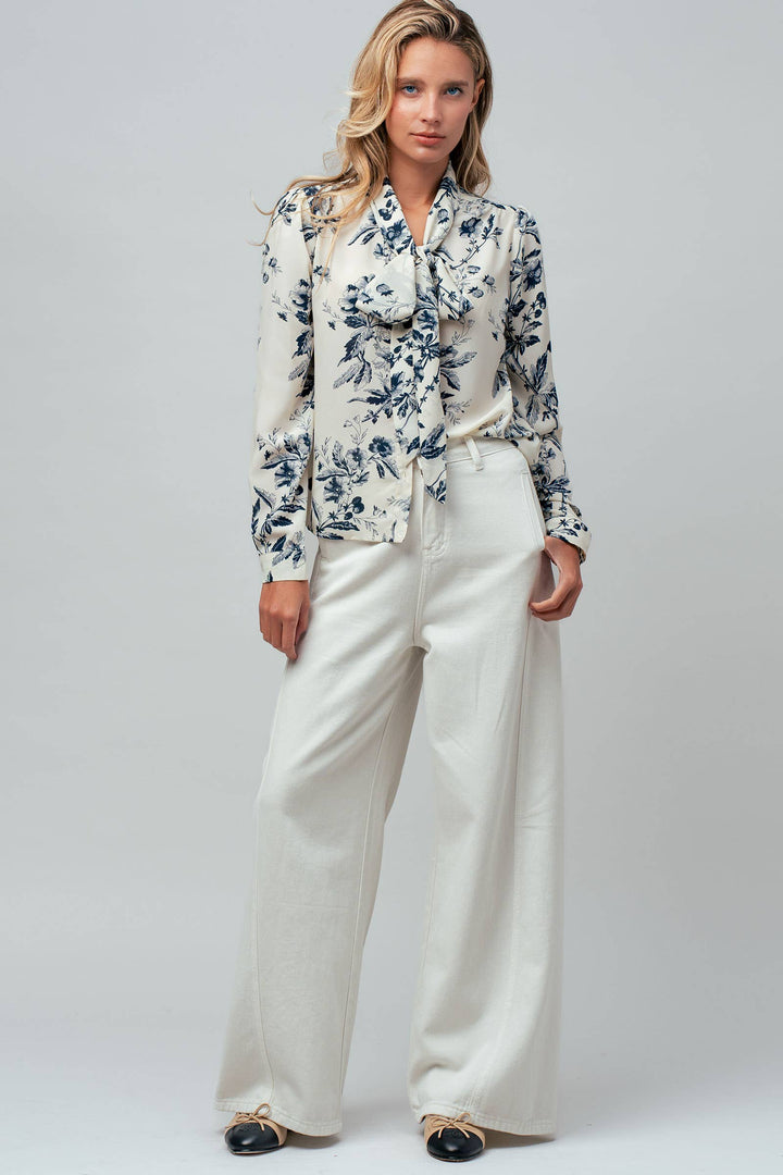 Toile Print Bow Blouse in Ivory & Navy