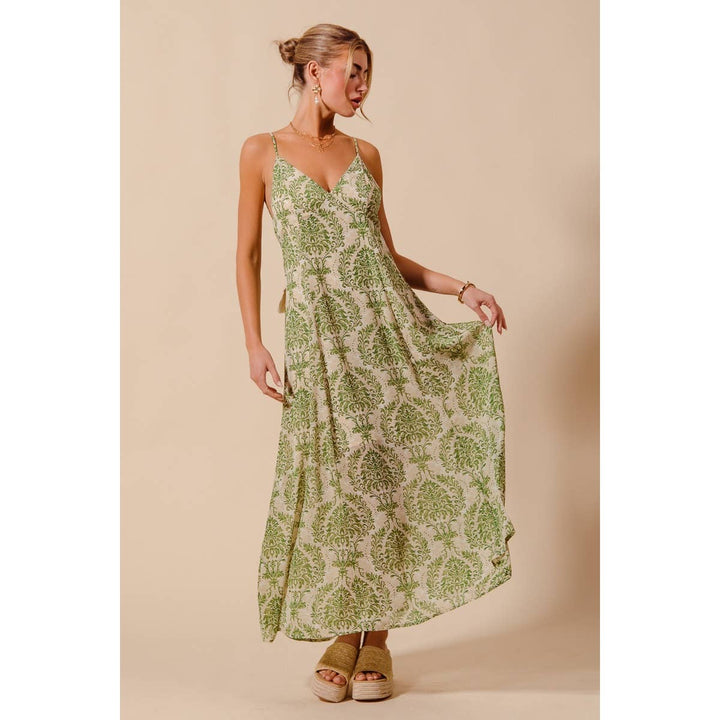 Damask Floral Summer Maxi Dress in Sage Green