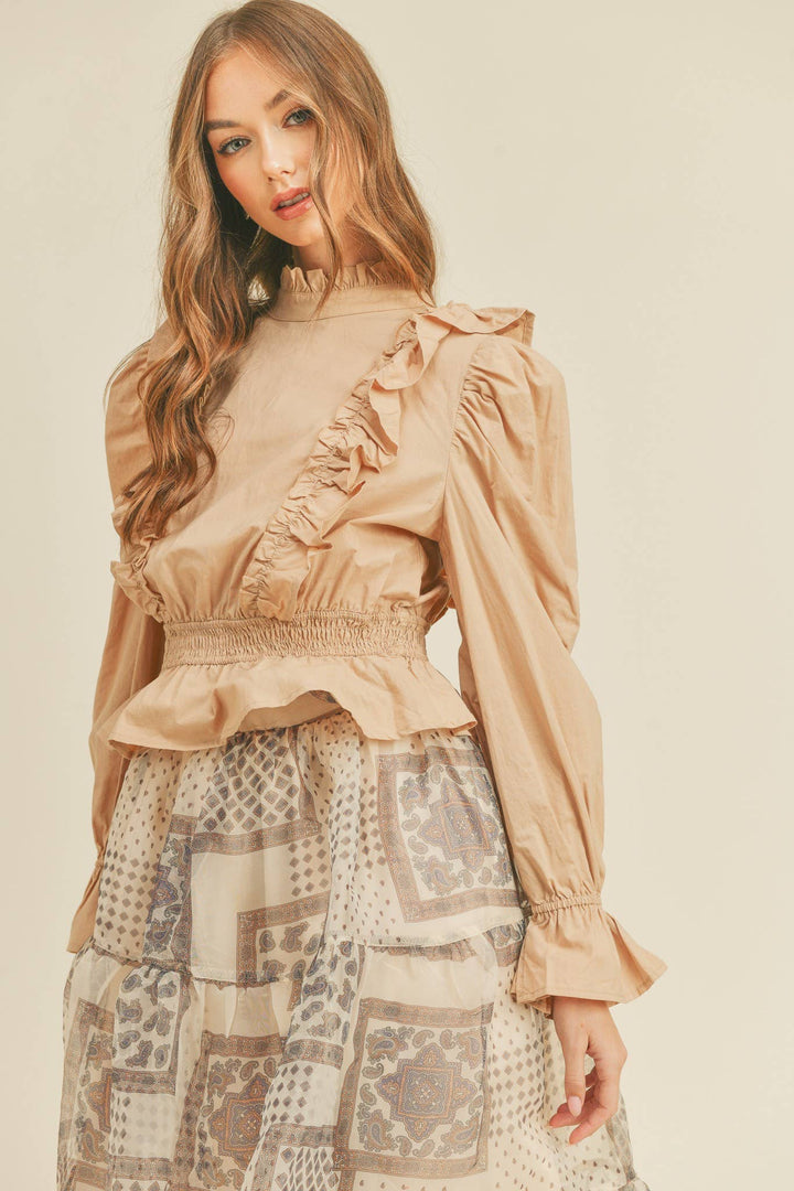 Ruffled High Neck Blouse in Beige