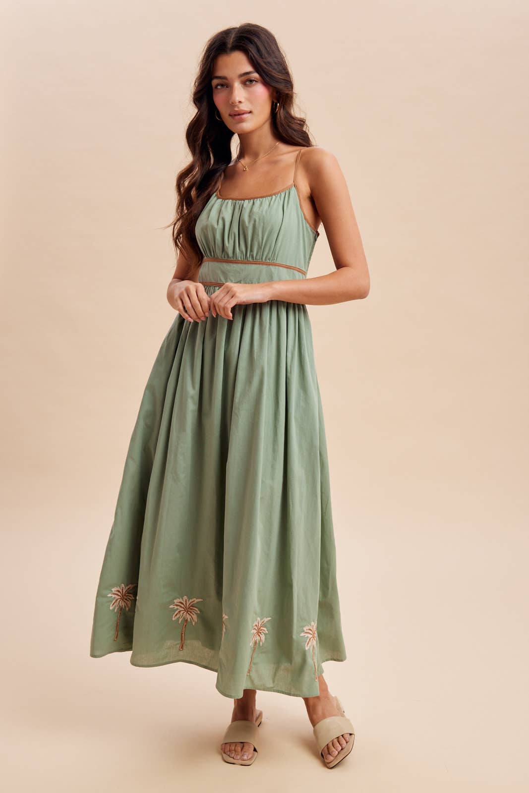 Tropical embroidered sleeveless maxi dress – front view