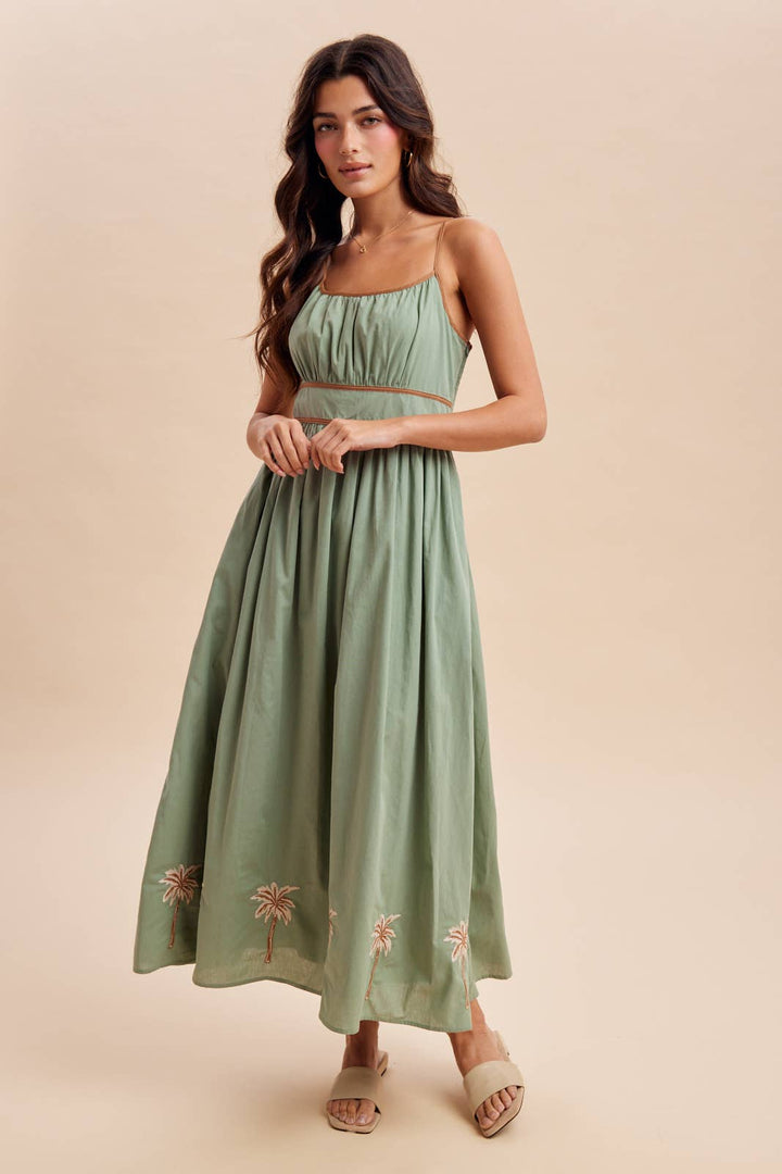 Tropical embroidered sleeveless maxi dress – front view