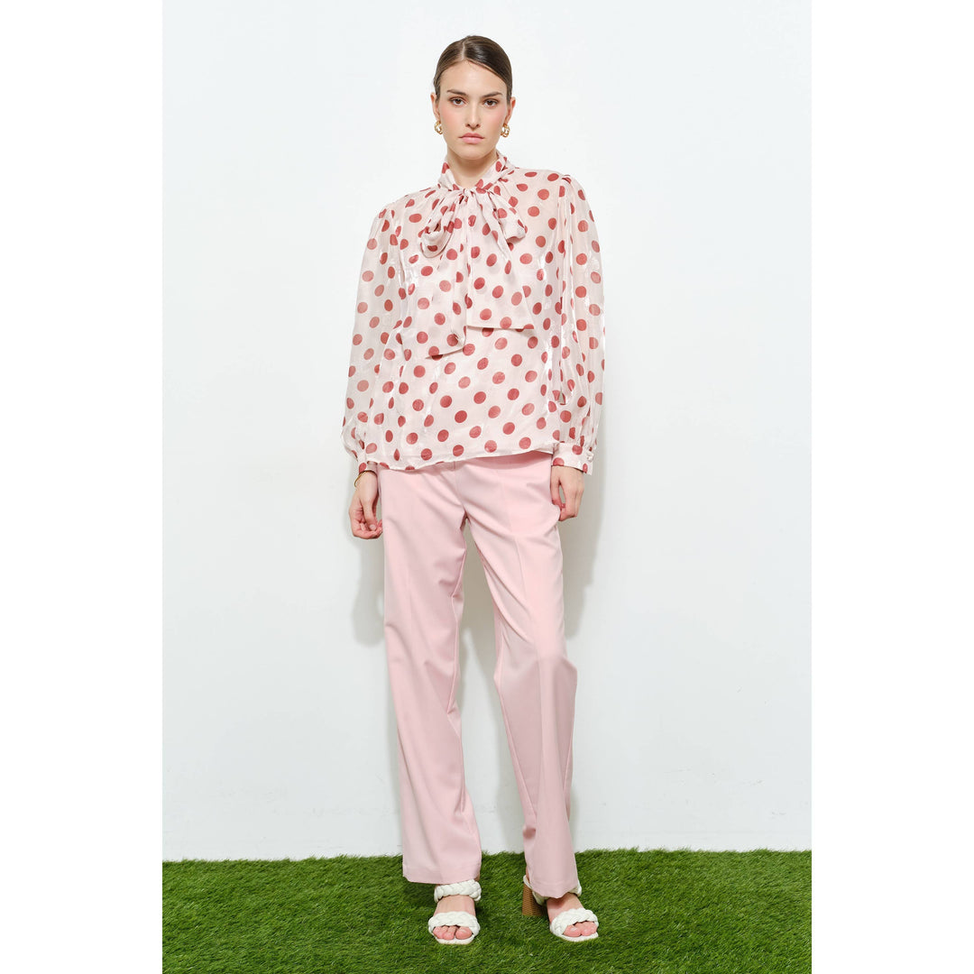 Polka Dot Sheer Bow-Neck Blouse