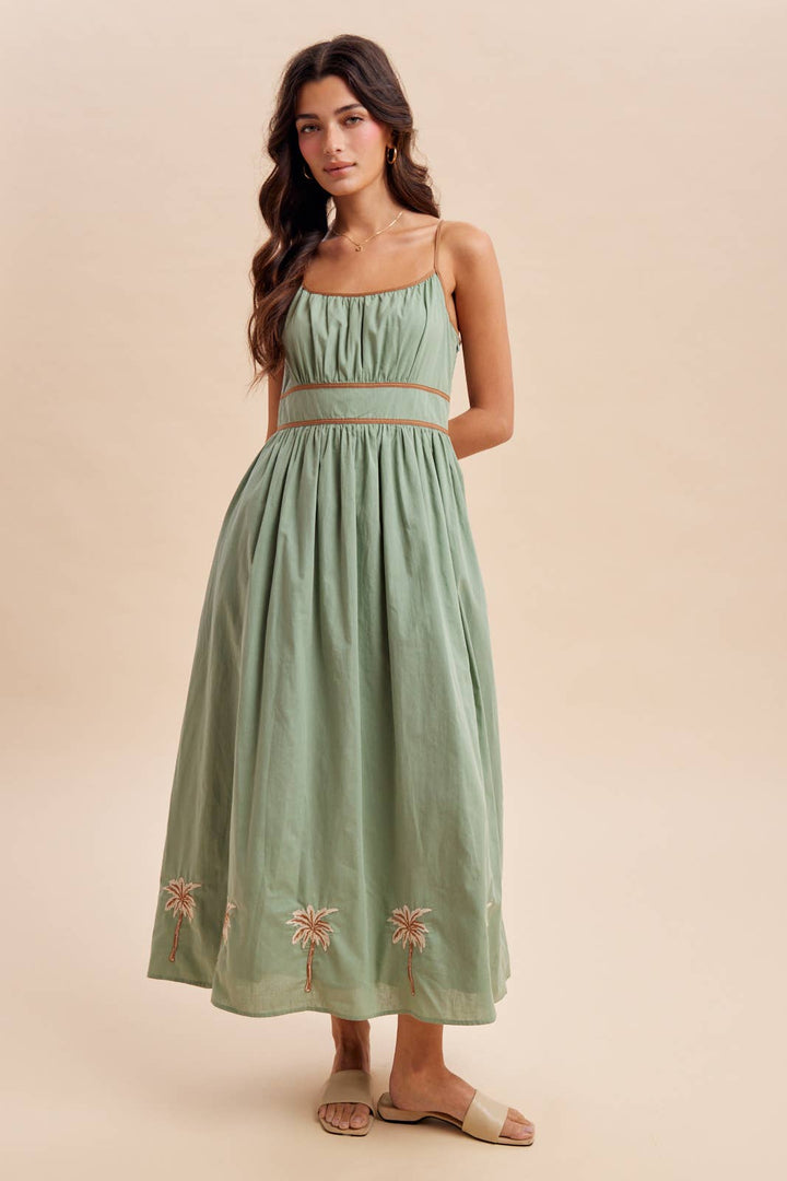 Tropical embroidered sleeveless maxi dress – front view