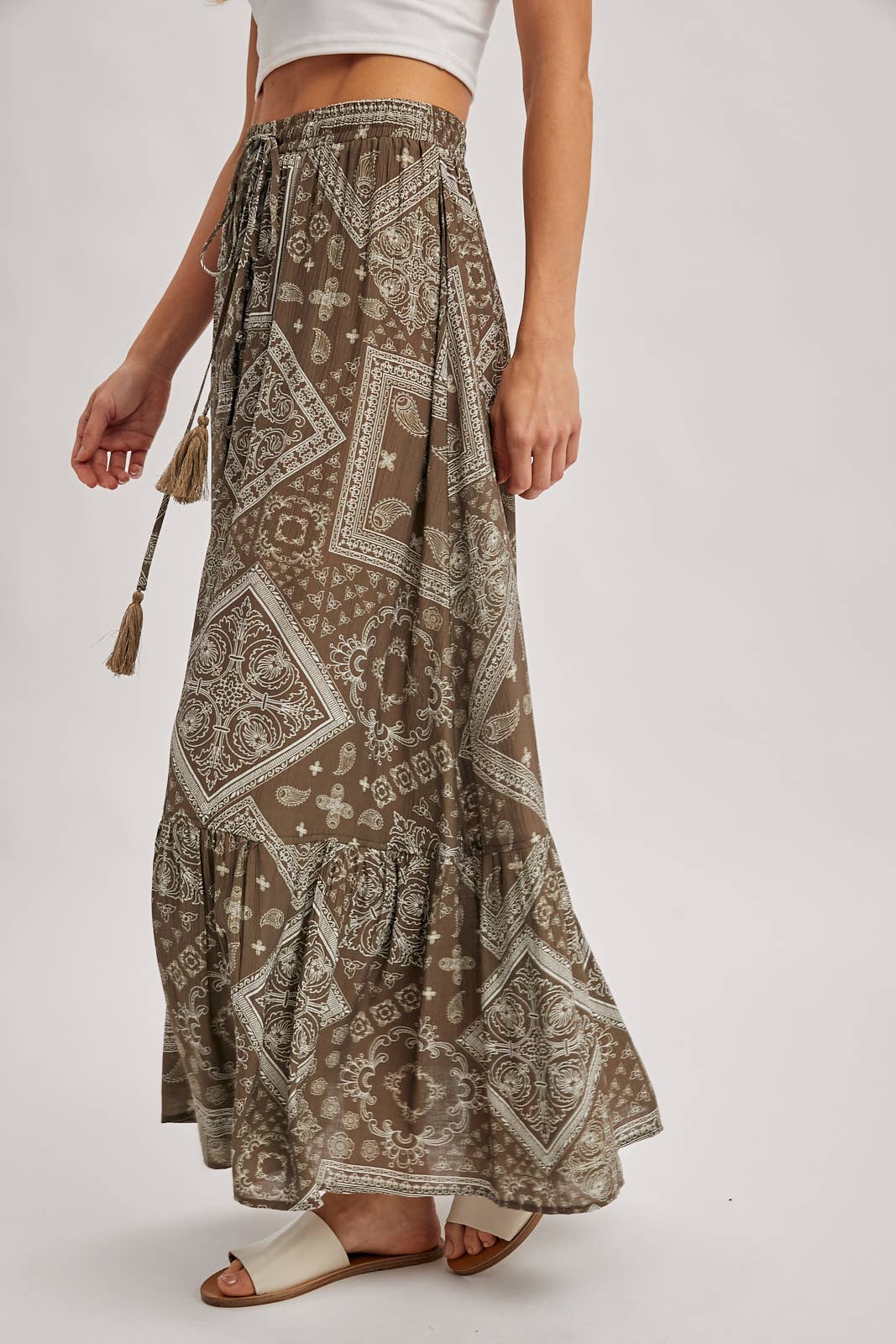 Mocha boho tiered button down maxi skirt – front view