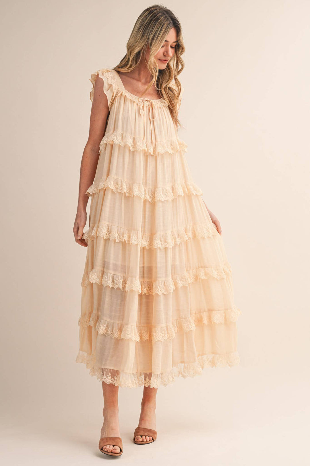 Tiered Lace Trim Flowy Maxi Dress - Available May 31