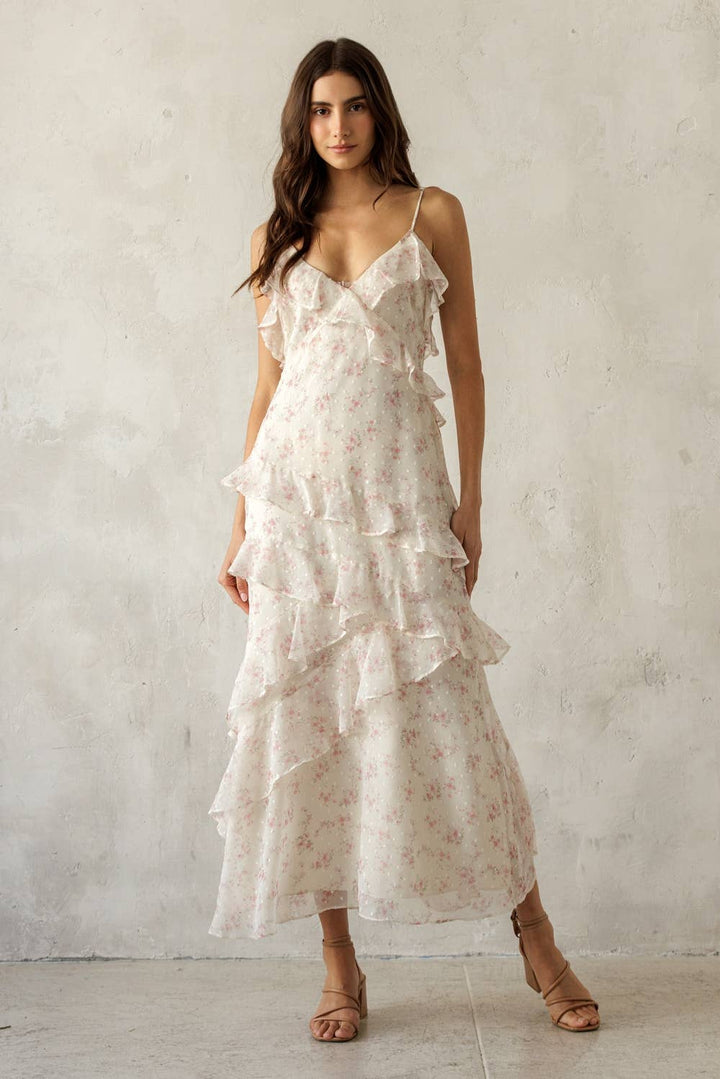 Floral Ruffled Tiered Dress in Ivory/Pink Floral