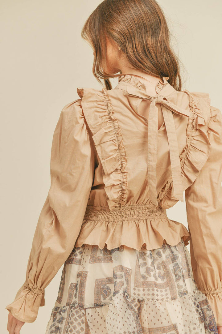 Ruffled High Neck Blouse in Beige