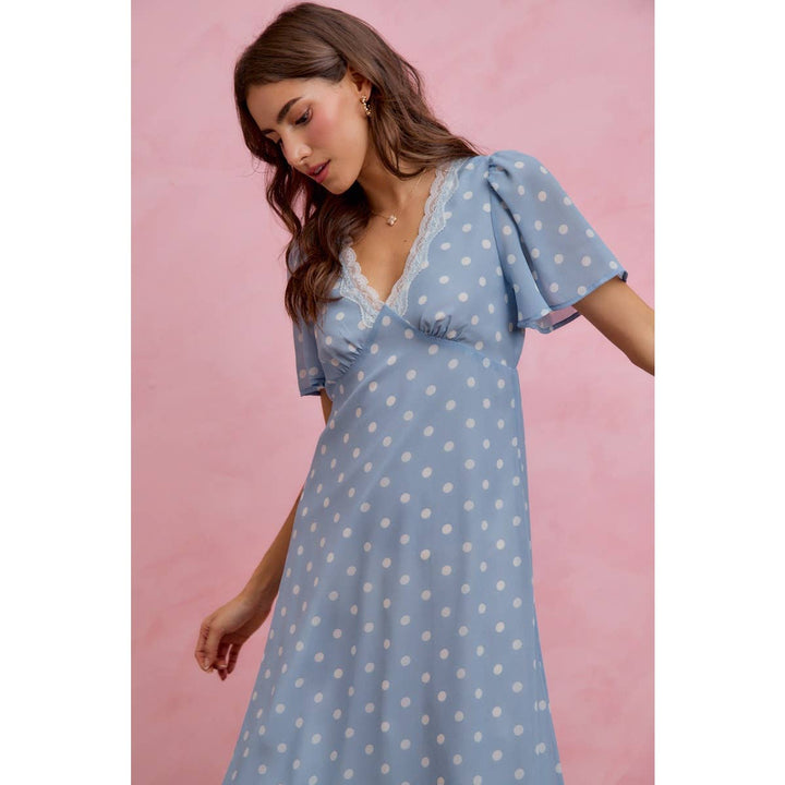 Polka Dot Chiffon Midi Dress in Blue - Available June 26