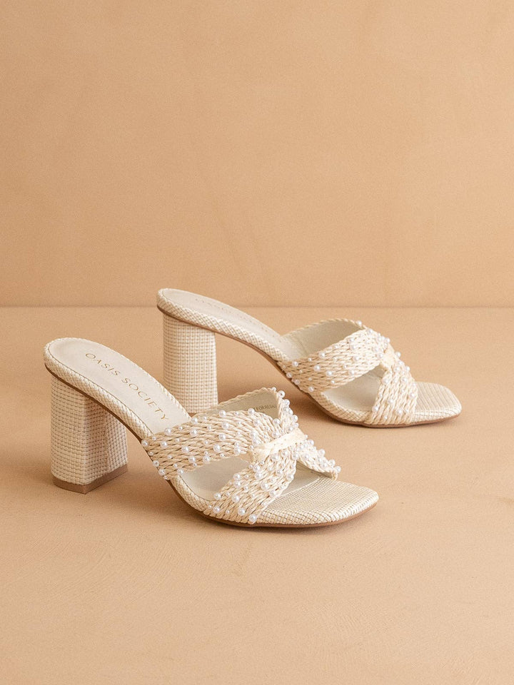 White pearl embroidered raffia block heel – front view pair