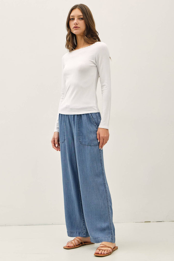 Lace Trim Ribbed Boat Neck Long Sleeve Top in White