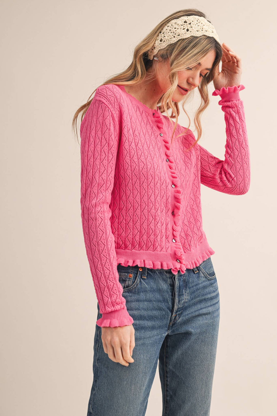 Ruffled Edge Pointelle Knit Sweater Cardigan in Berry