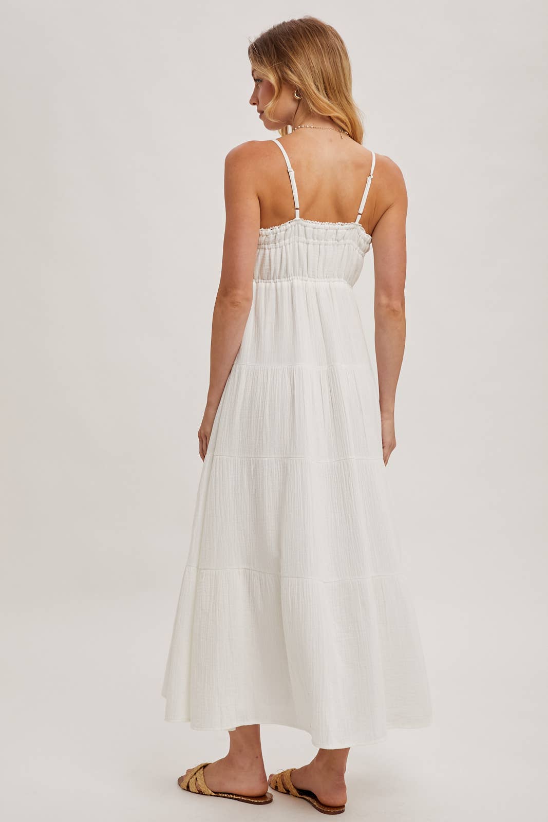 Ivory smocked ruffle trim tiered maxi dress – back view