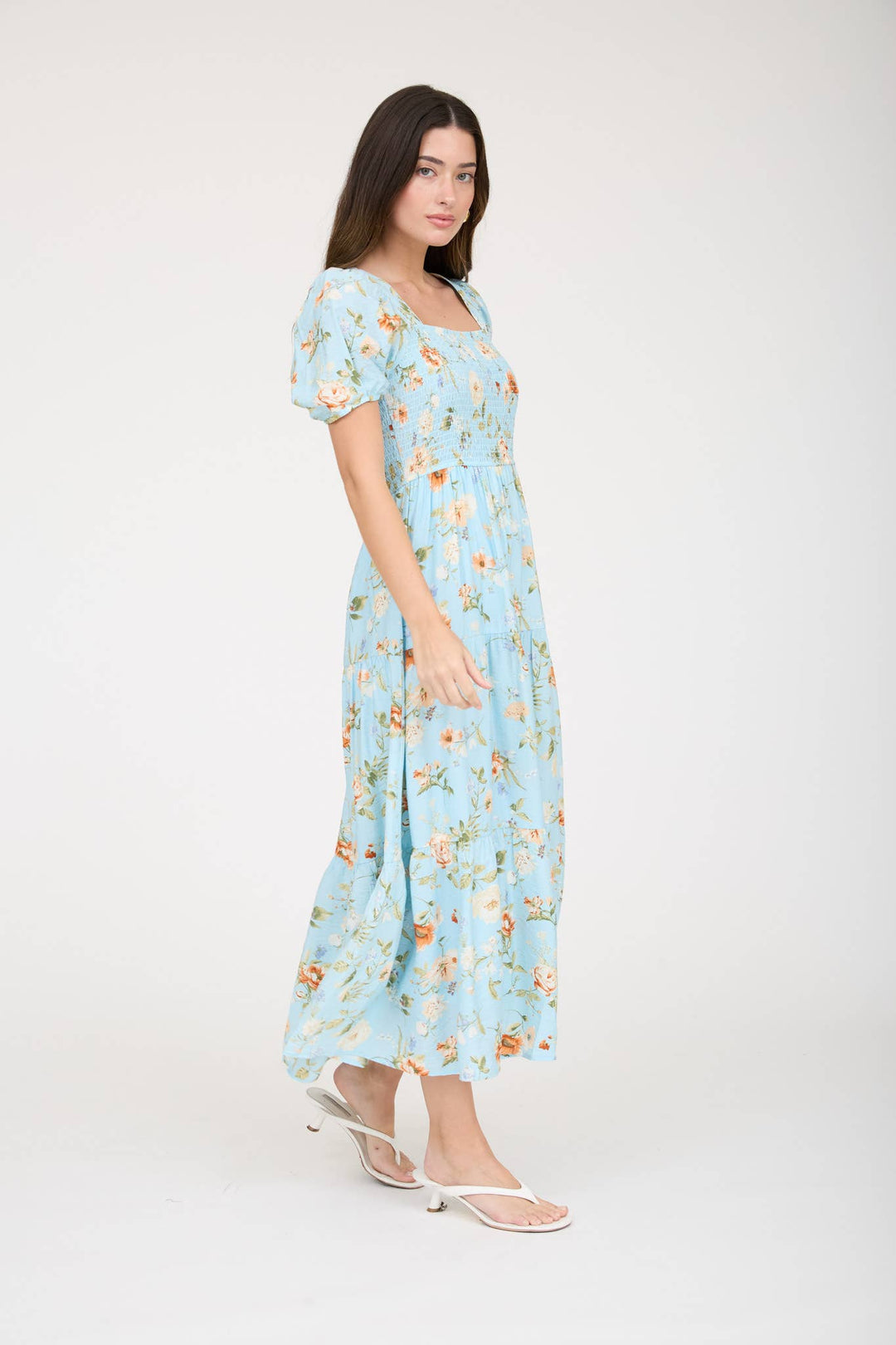 Vintage floral smocked midi dress – side view