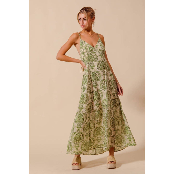 Damask Floral Summer Maxi Dress in Sage Green