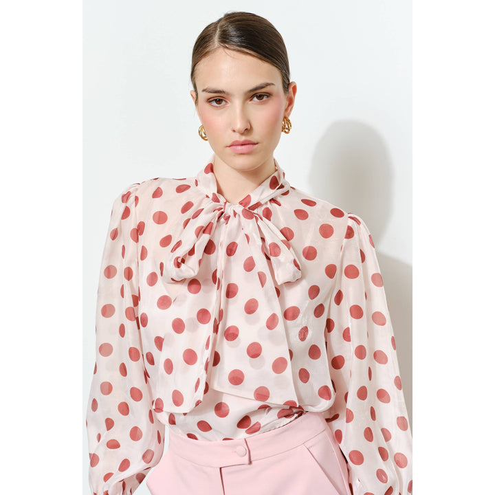 Polka Dot Sheer Bow-Neck Blouse