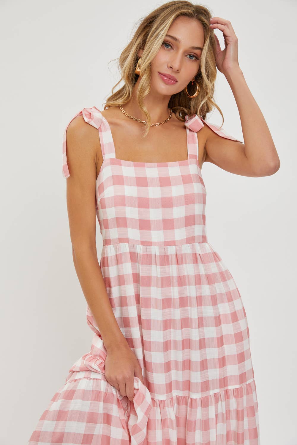Gingham Tiered Maxi Dress in Pink