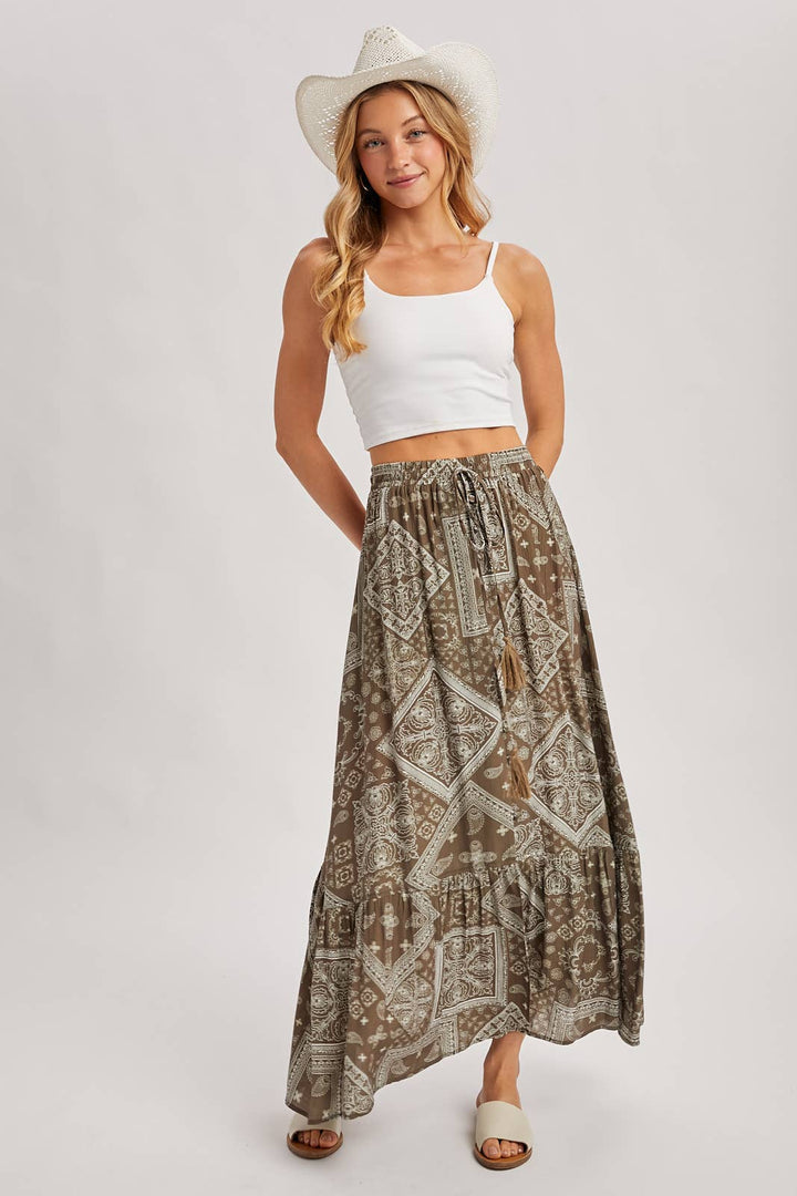 Mocha boho tiered button down maxi skirt – front view