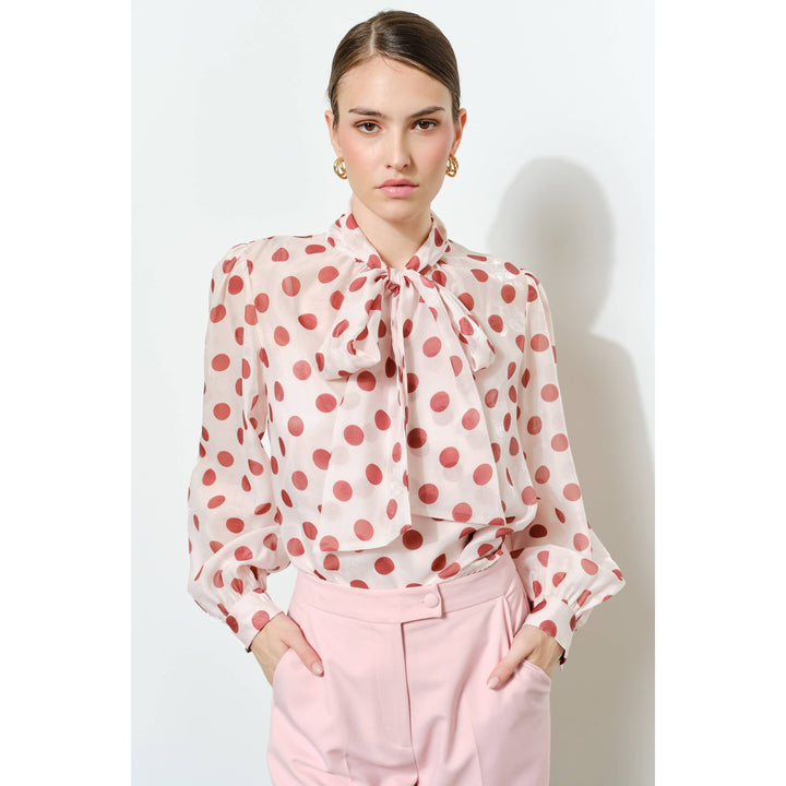 Polka Dot Sheer Bow-Neck Blouse