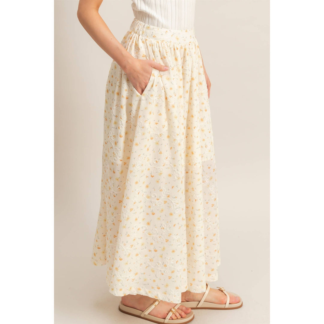 Floral Embroidered Midi Skirt in Yellow
