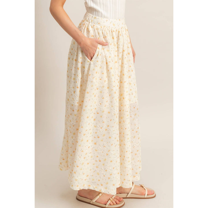 Floral Embroidered Midi Skirt in Yellow
