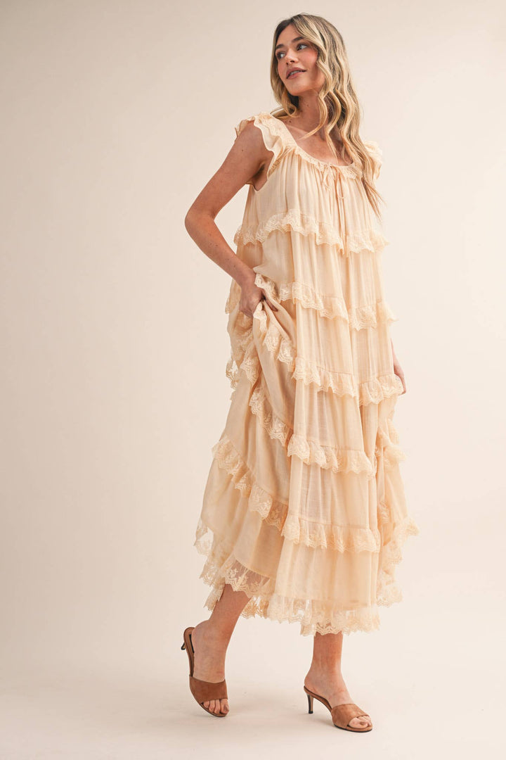 Tiered Lace Trim Flowy Maxi Dress - Available May 31