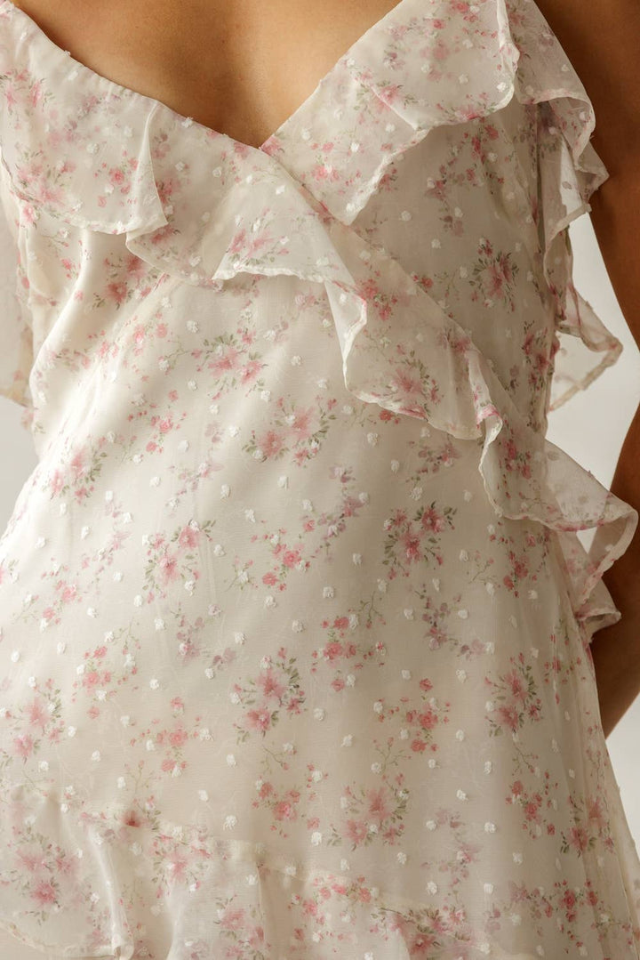Floral Ruffled Tiered Dress in Ivory/Pink Floral