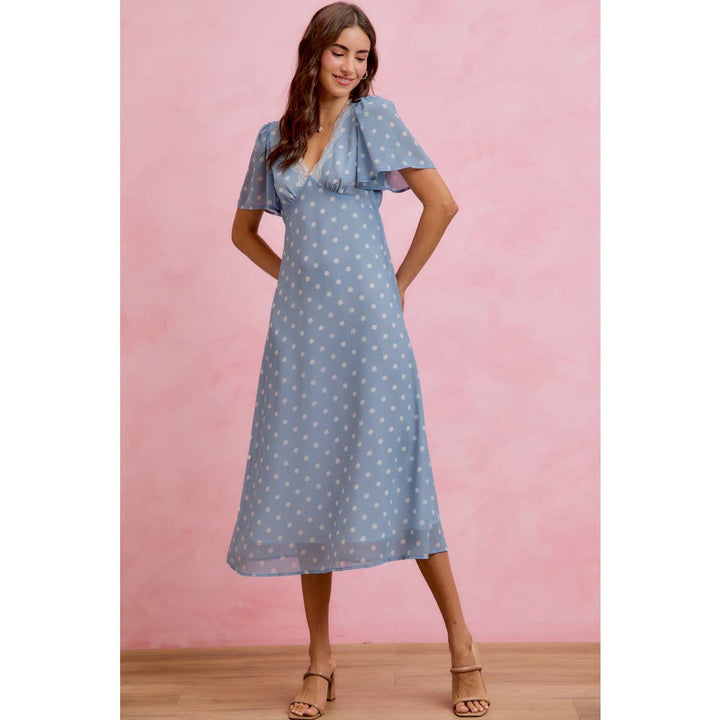 Polka Dot Chiffon Midi Dress in Blue - Available June 26