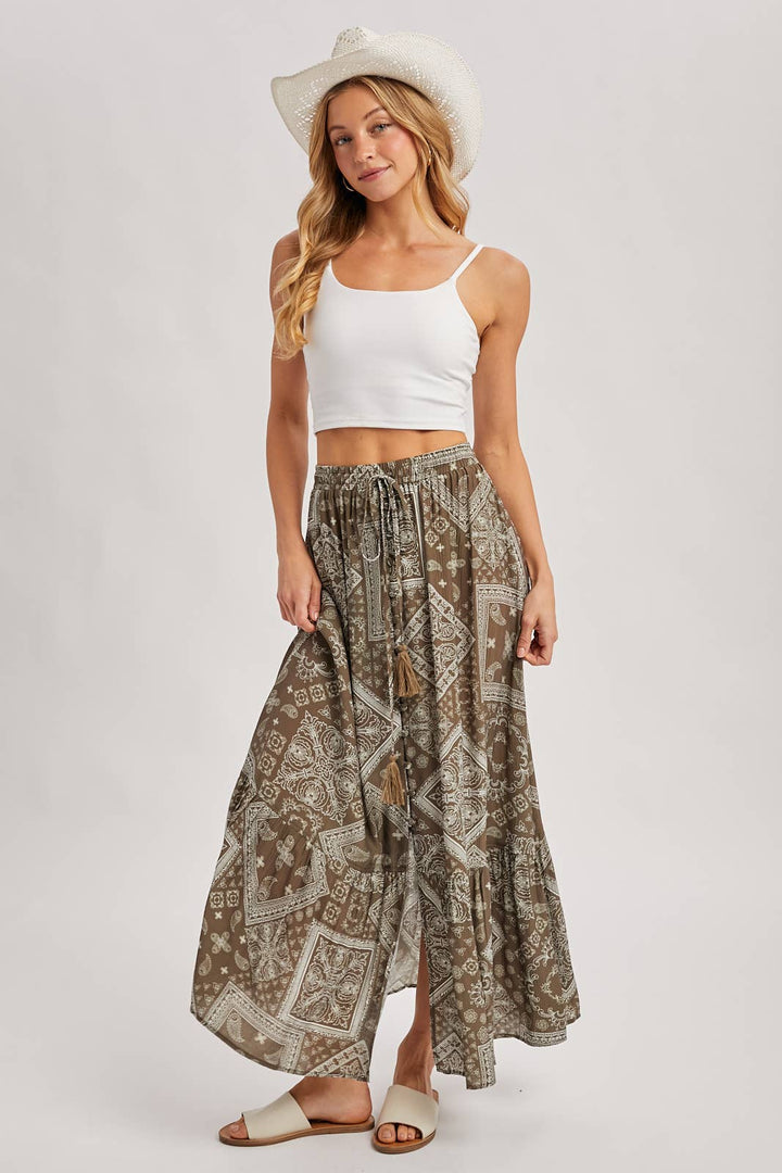 Mocha boho tiered button down maxi skirt – front view