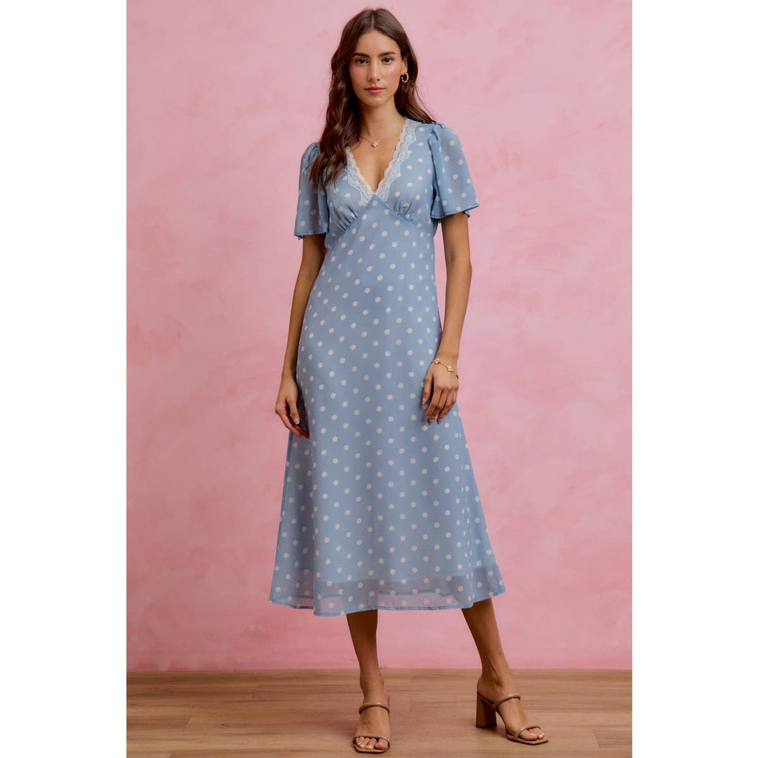 Polka Dot Chiffon Midi Dress in Blue - Available June 26