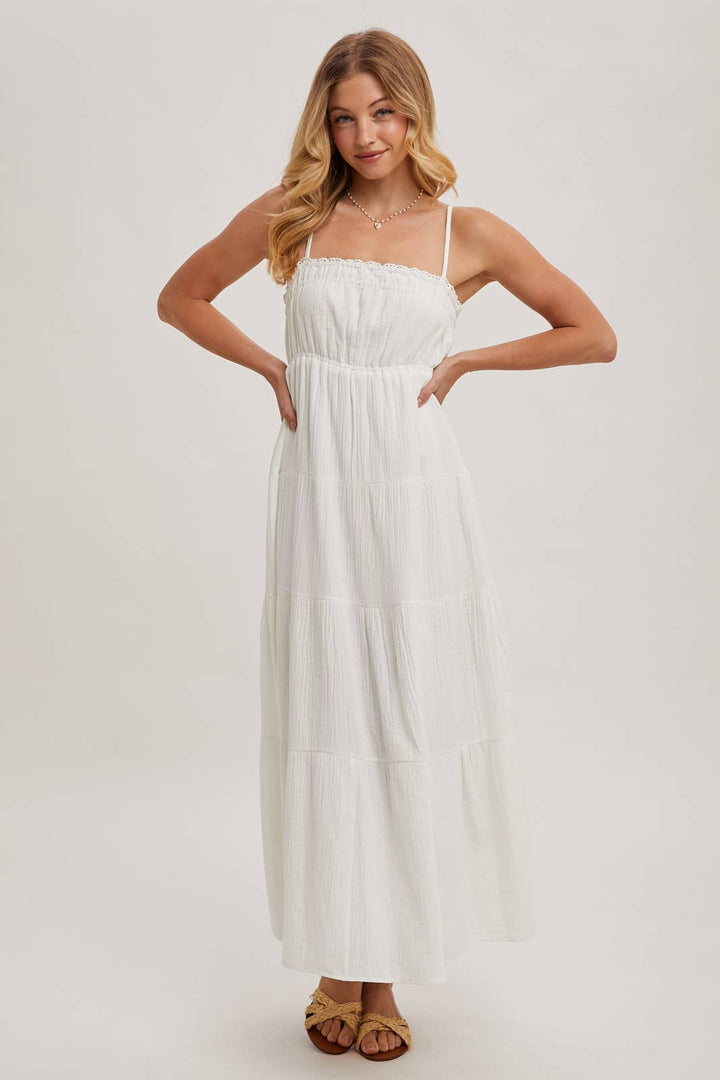 Ivory smocked ruffle trim tiered maxi dress – front view