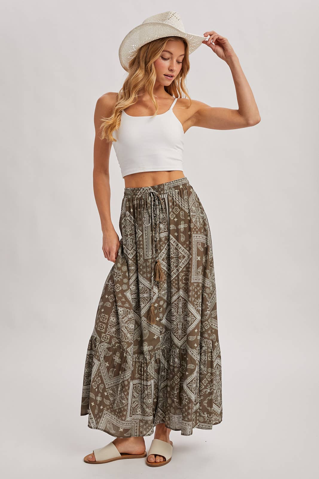 Mocha boho tiered button down maxi skirt – front view