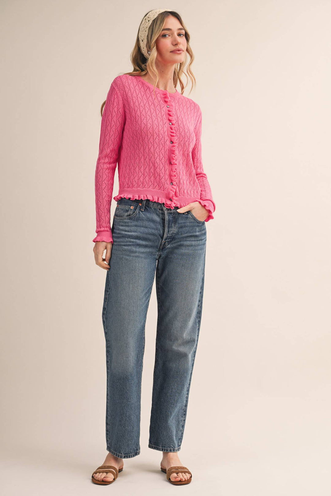 Ruffled Edge Pointelle Knit Sweater Cardigan in Berry