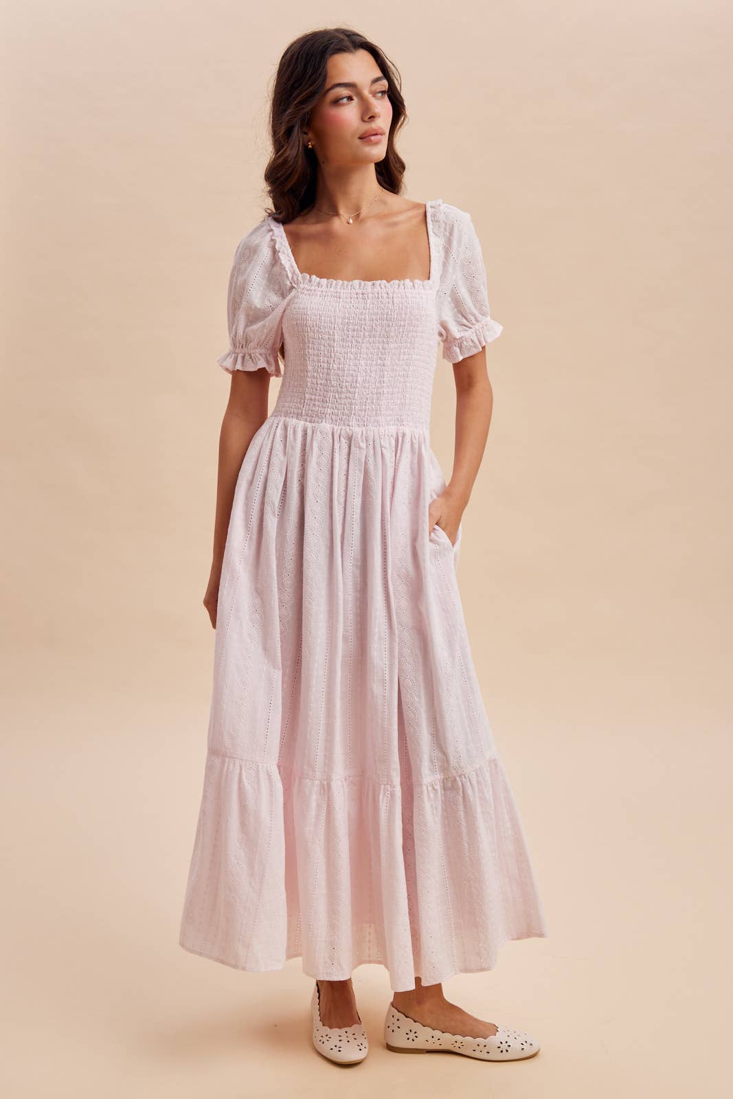 Pink smocked eyelet maxi dress – front view