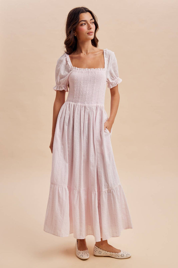 Pink smocked eyelet maxi dress – front view