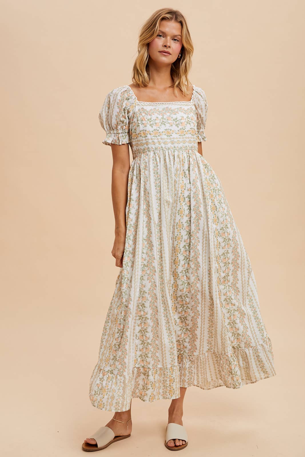 Coral peach spring maxi dress – front view