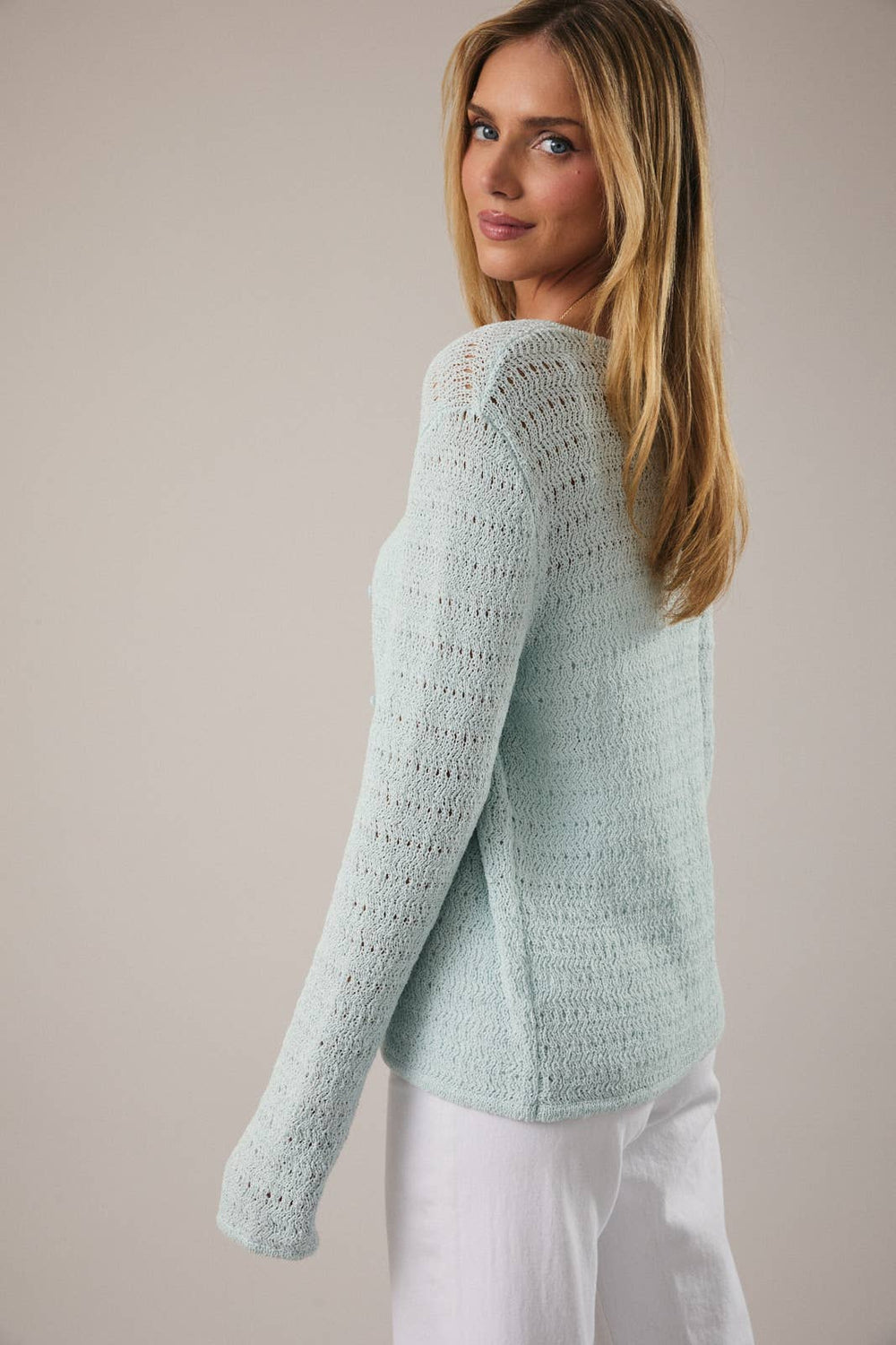 Aqua pointelle knit cardigan – side view