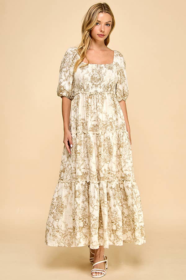 Hattie brown vintage print tiered maxi dress – front/side/back view