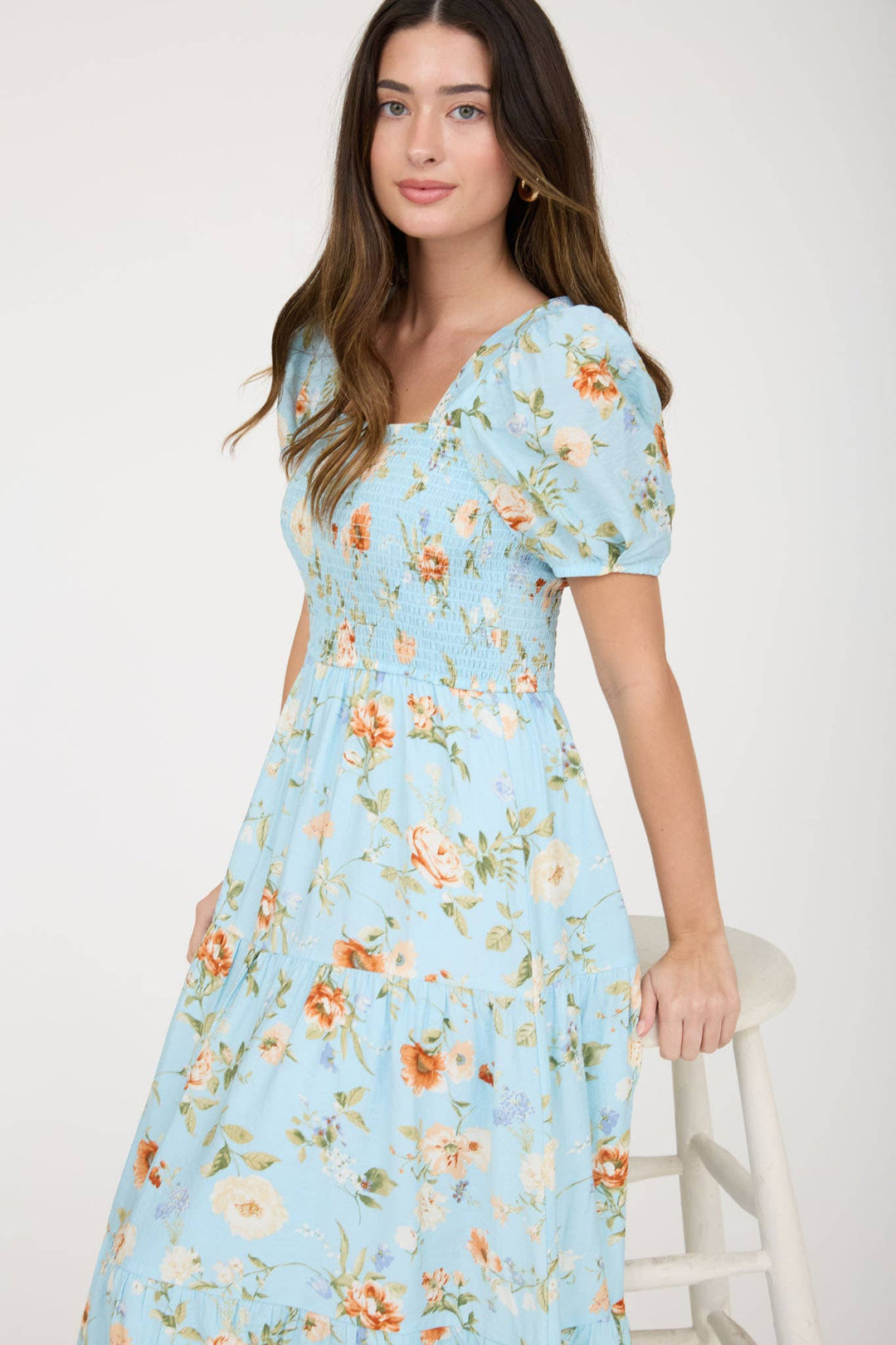 Vintage floral smocked midi dress – front view