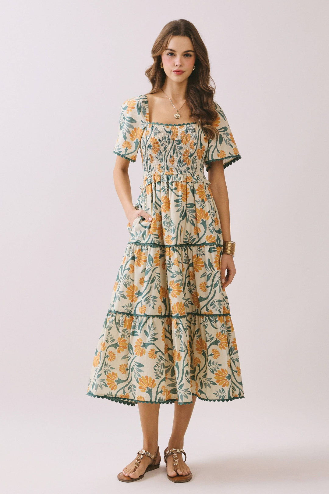 Floral smocked dress scallop hem – front view