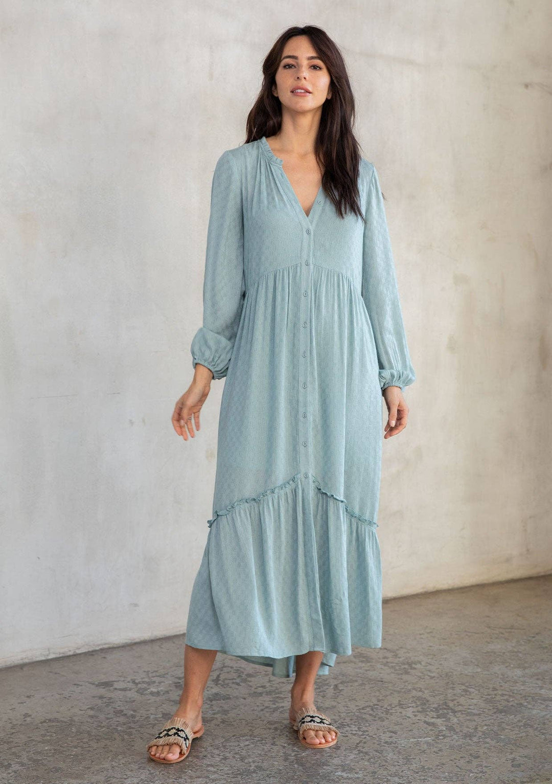 Dusty teal boho long sleeve maxi dress – front view