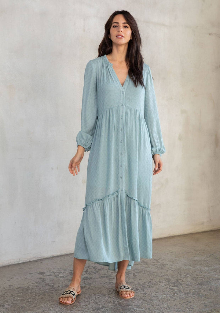 Dusty teal boho long sleeve maxi dress – front view