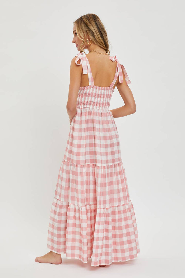 Gingham Tiered Maxi Dress in Pink
