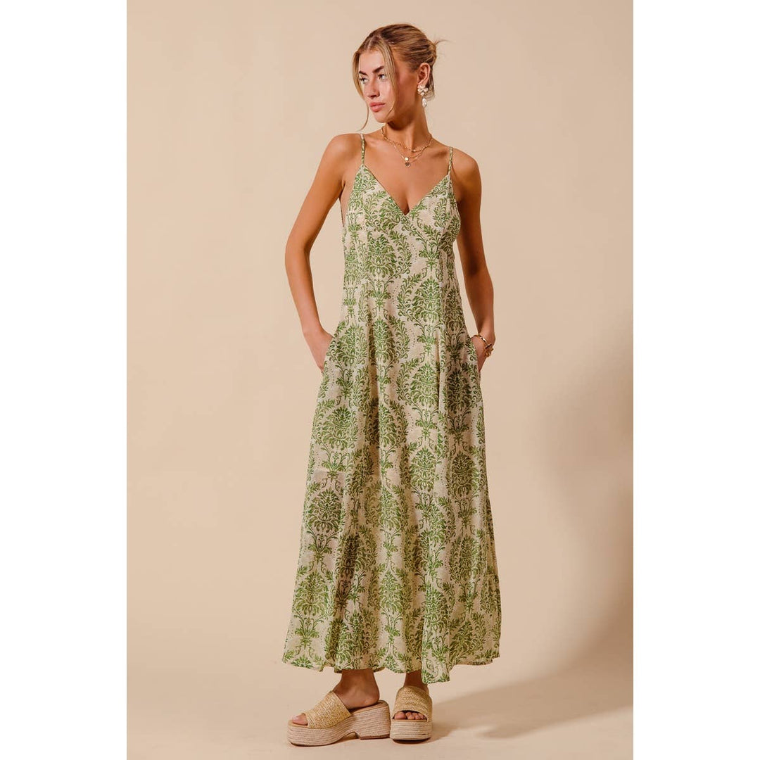 Damask Floral Summer Maxi Dress in Sage Green
