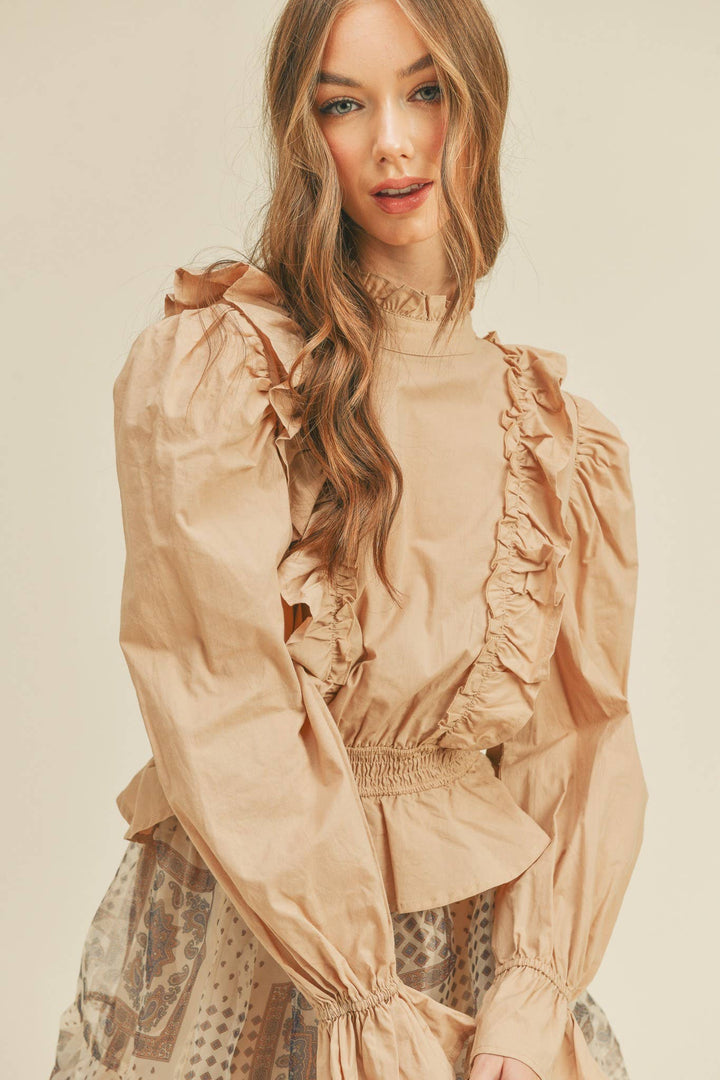 Ruffled High Neck Blouse in Beige